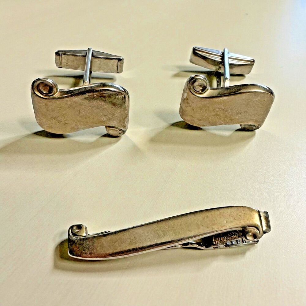 Vintage Silver Tone Cufflinks & Tie Clip Set Scroll Design Men’s Formal